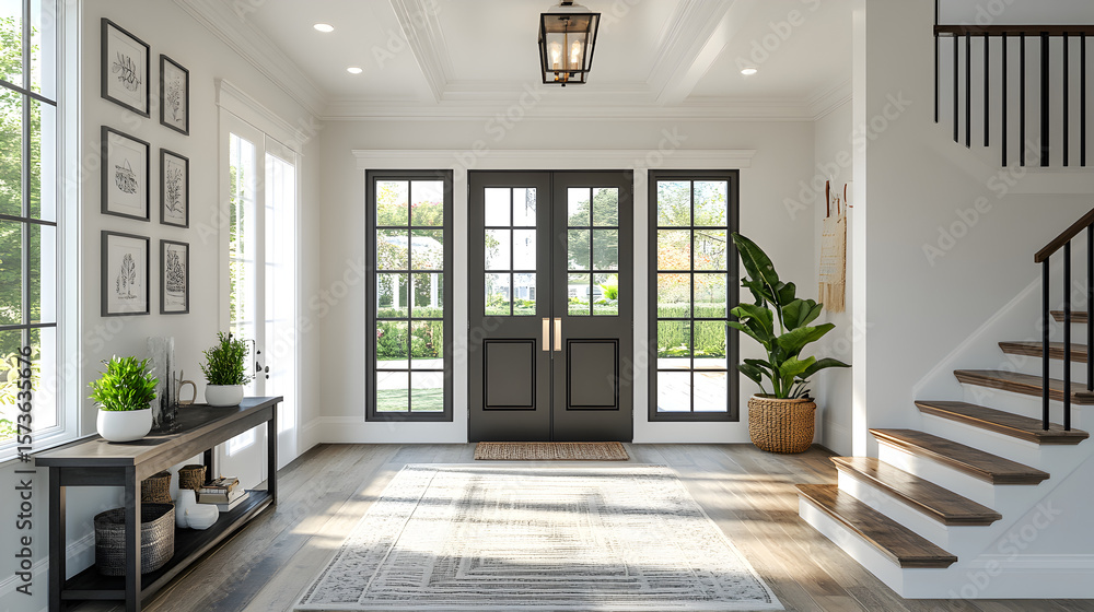 Obraz premium Modern farmhouse foyer illustration featuring sleek gray luxury vinyl plank flooring, vibrant verdure-inspired greenery accents, rustic wood textures, and bright natural light creating a wa 16253570 1