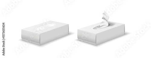 Realistic illustration of two white tissue boxes. One is open with tissue visible. Simple clean design suitable for hygiene and household concepts.