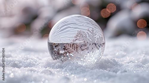 Crystal ball on snow reflects trees and a snowflake, bokeh lights twinkle behind