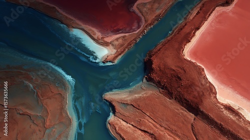 Aerial view of a river carving through red and brown rocky terrain, creating a striking contrast with blue water and earth-toned landforms.