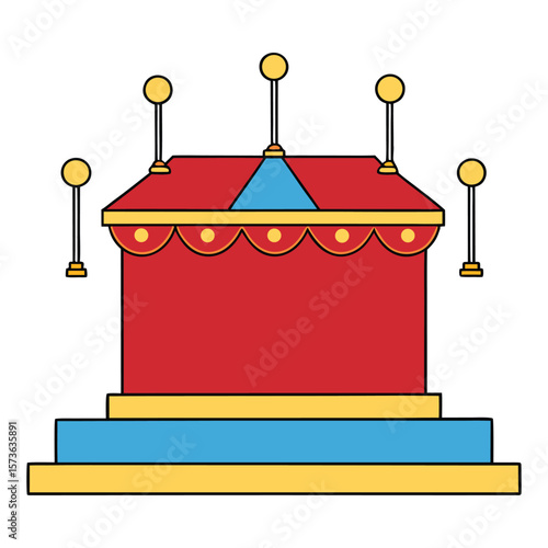 A vibrant festive stage podium adorned with glowing lamps, colorful decorations, and bright lights, perfect for celebrations, speeches, or award ceremonies.
