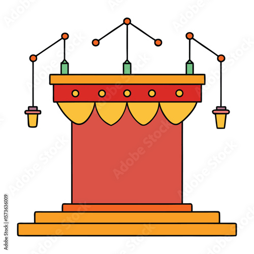 A vibrant festive stage podium adorned with glowing lamps, colorful decorations, and bright lights, perfect for celebrations, speeches, or award ceremonies.
