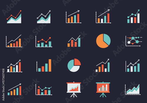 An arrangement of 20 distinct data visualization graph icons set against a dark background