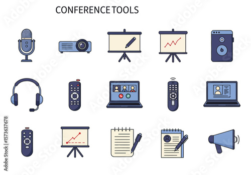 Collection of conference tools mic projector screens headphones remotes laptops notepad pen and megaphone on white