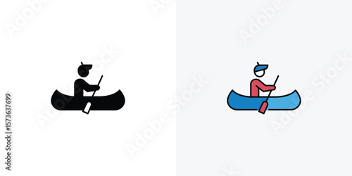 Black silhouette and colorful icon depicting person paddling a canoe on a light background