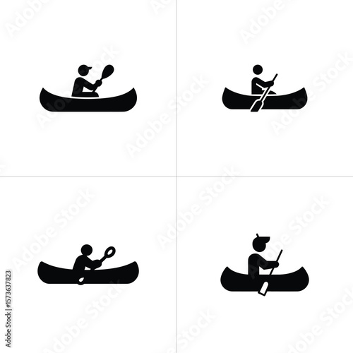 Black silhouette icons present people paddling canoes using different methods on a white background