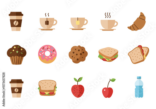 Food icons coffee tea croissant muffin donut cookie sandwiches strawberry cherry water
