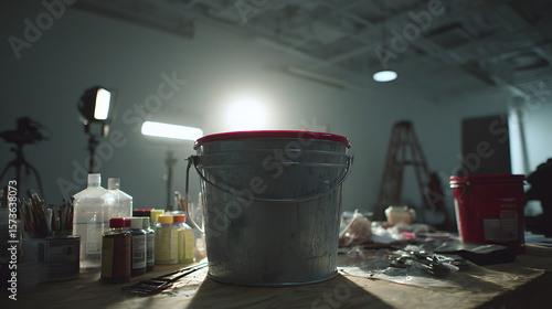 Creative Workspace with Paint Bucket and Art Supplies in Studio