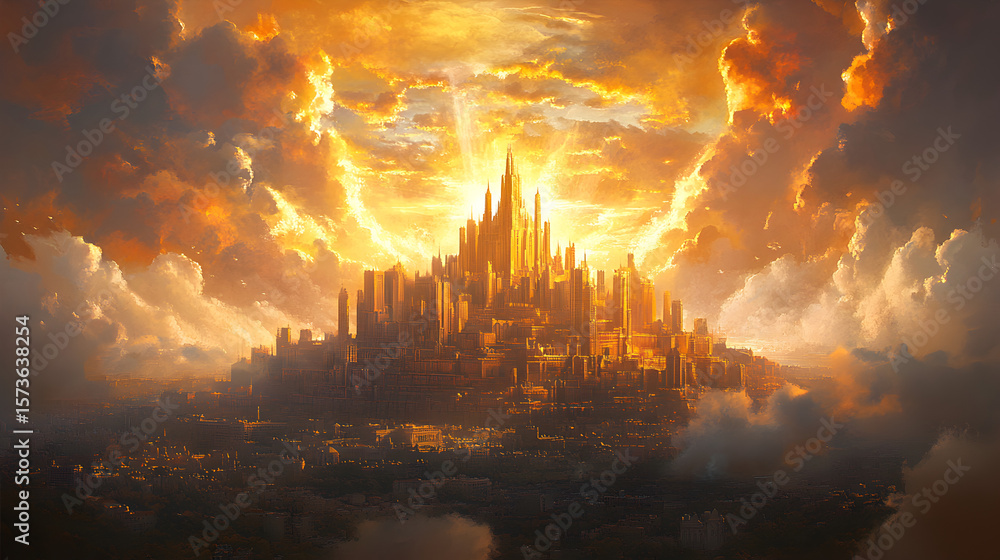 Fototapeta premium Heavenly illustration of the Holy City New Jerusalem bathed in golden light, symbolizing spiritual significance, divine revelation, religious symbolism, and celestial glory. 32453083 3