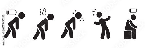 Tired Person Icons Set – Low Energy, Burnout, and Fatigue Symbol Collection in Line and Solid Styles
