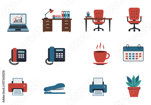 Office icons Laptop desk phone coffee  plant arranged in a 3x4 grid format creating a clean  organized office supply depiction