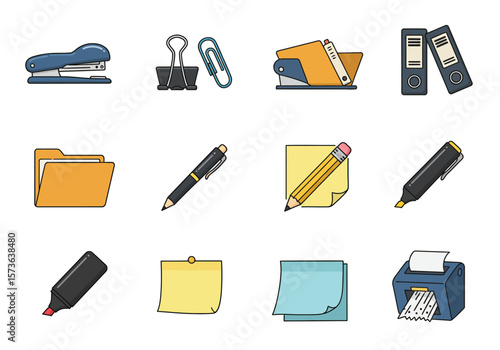 Office supplies stapler binder clip paper clip hole punch files pen pencil sticky notes shredder