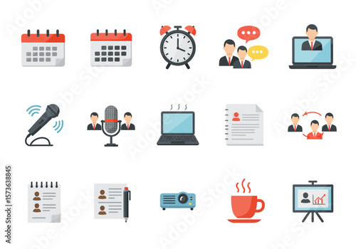 Vector icons of meetings presentations and planning tools arranged on a white background