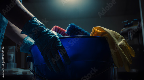 Cleaning Supplies and Tools in Bucket with Hands Wearing Gloves