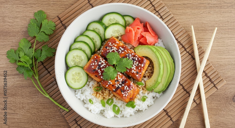Colorful Salmon Bowl with Rice, Avocado, Cucumber, and Ginger Garnish on Wooden Surface Colorful Salmon Bowl with Rice, Avocado, Cucumber, and Ginger Garnish on Wooden Surface
