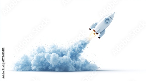 Cartoonish rocket taking off, propelled by bright orange flames and billowing smoke