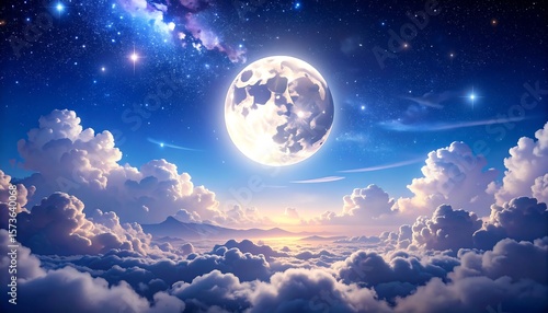 A luminous full moon ascends above a vast expanse of clouds, bathed in starlight