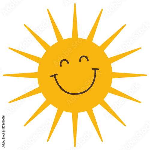 Flat vector of a smiling cartoon sun with spiky rays. Great for children’s books, weather graphics, or cheerful environmental themes.