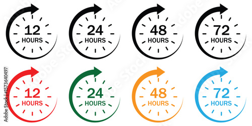 Delivery and Service Time Icons Set – 12, 24, 48, 72 Hours Countdown Clock Arrows Vector
