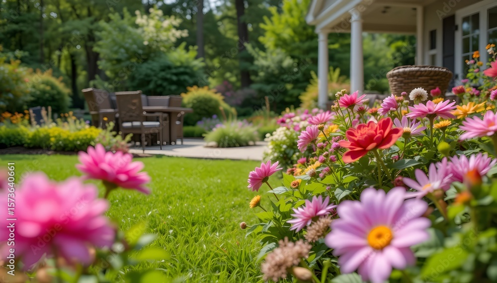Obraz premium Charming backyard garden with colorful flowers, wicker patio furniture, and manicured green lawn — a tranquil sunny retreat with vibrant blooms and peaceful outdoor beauty.