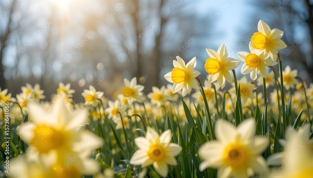 Fototapeta premium Vibrant daffodil flowers blooming brightly in a golden field under sunny skies — a stunning seasonal display of spring beauty in the peaceful countryside landscape.