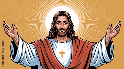 Illustrative depiction of a religious figure with open arms against a radiant light