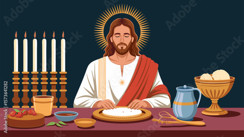 Illustrative Depiction of a Religious Figure with Symbolic Elements in a Vector Style