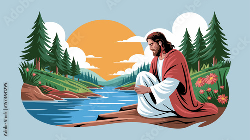 Artwork depicting a figure by a river with trees, sun, and sky in a serene landscape illustration