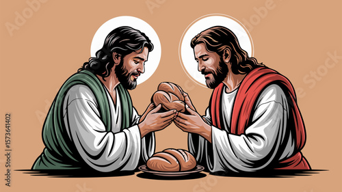 Visual depiction of a religious moment featuring two figures and bread vector illustration