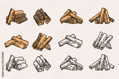 Vector Hand-Drawn Firewood Logs Set – Camping Woodpile Illustration