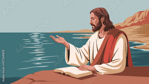 Jesus beside a tranquil sea with an open book and an outstretched hand vector illustration