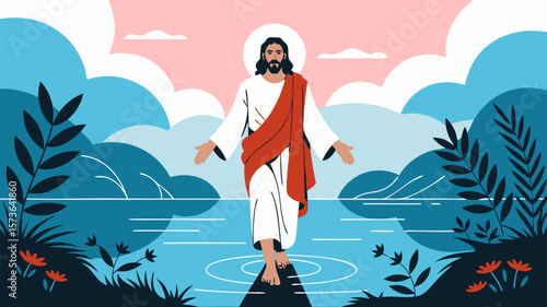 Artistic Illustration Depicting a Figure Walking on Water with Calm Natural Landscape