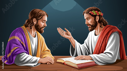 Two figures engaged in discussion, seated at a table, with a book vector illustration