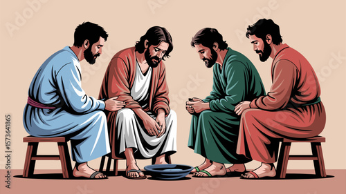 Men in Robes Gathered Around a Bowl in a Painted Illustration with Neutral Backdrop