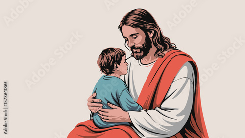 Jesus Christ embracing a child in a gesture of comfort and spiritual guidance