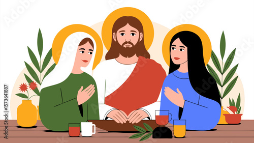 Illustration of figures with halos around them at a table, concept of spirituality or religion