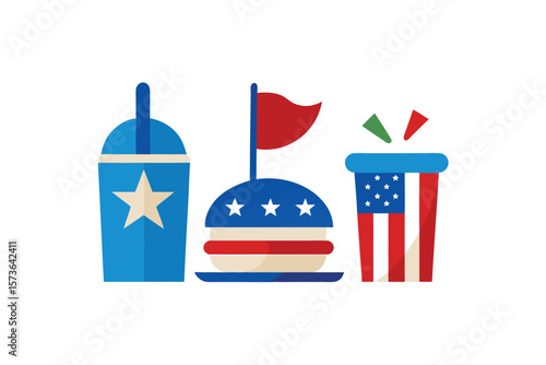 4th of July food and drink icons set for festive cookout vector art illustration