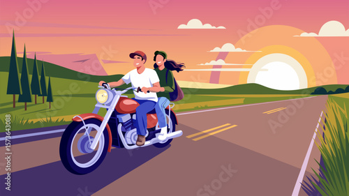 Couple cruising on motorcycle during a sunset ride Vector Illustration for adventure or travel