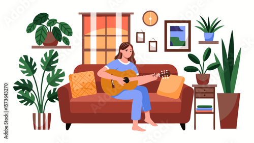 Woman serenading from home with guitar and surrounded by indoor plants in the daytime