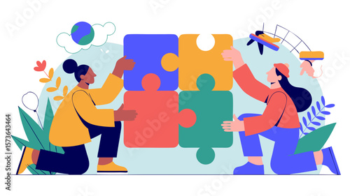 Teamwork illustration depicting individuals assembling a puzzle to represent collaboration