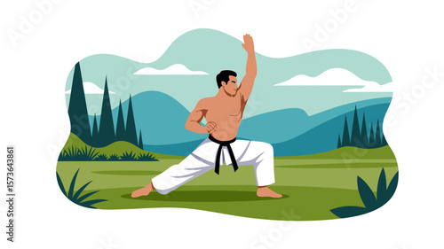 Illustration of a martial artist practicing a karate stance within a tranquil setting