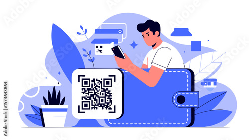 Digital payments concept illustration with wallet, scanning code, and a man interacting