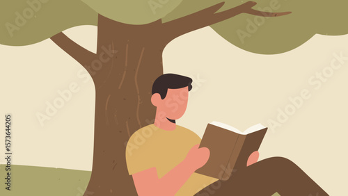 Serene scene depicting a person engrossed in a book beneath a tree's shade enjoying nature reading