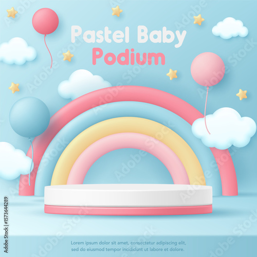 3D pastel baby podium stand with cute rainbow, balloon in blue background. Banner for children clothes toy shop, fashion discount promotion sale advertising, online store, kids product display, social