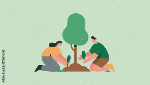 Illustrative depiction of two individuals cultivating new life by planting a tree together