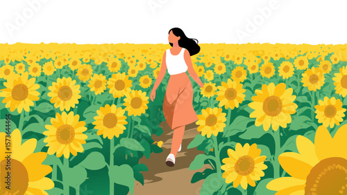 Woman strolling through a vibrant sunflower field on a sunny day, an idyllic scene