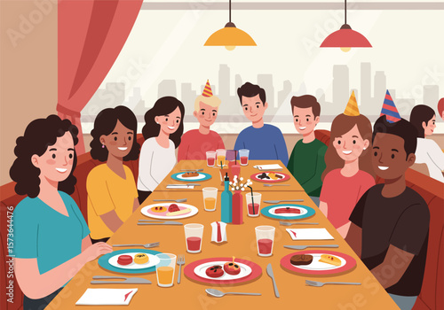 Group of Friends Enjoying a Meal Together at a Restaurant Smiling.