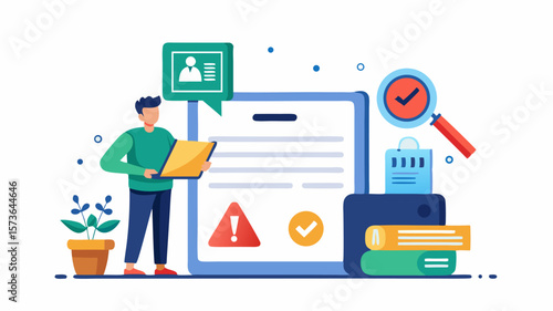 Illustrative Depiction of Compliance Procedures and Digital Documentation with a Business Professional and Accompanying Symbols