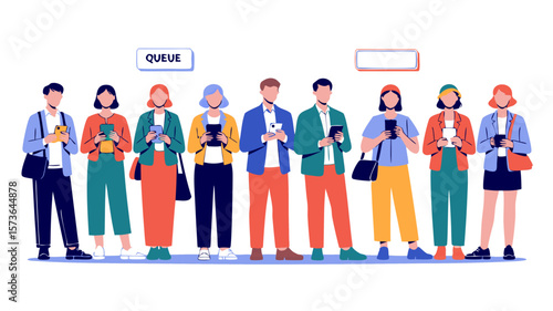 People in a queue looking at their phones, business communication concept vector illustration