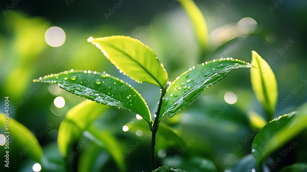 Obraz premium Green Leaves with Water Droplets Sparkling in the Sunlight
